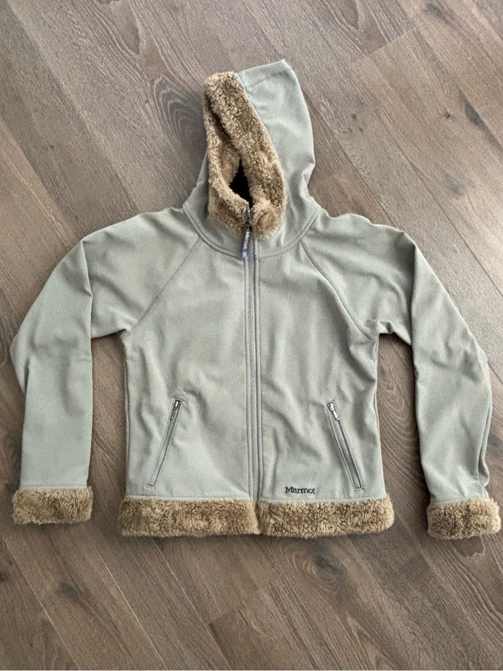 Marmot Light Sage Hoodie with Tan Faux Fur Trim